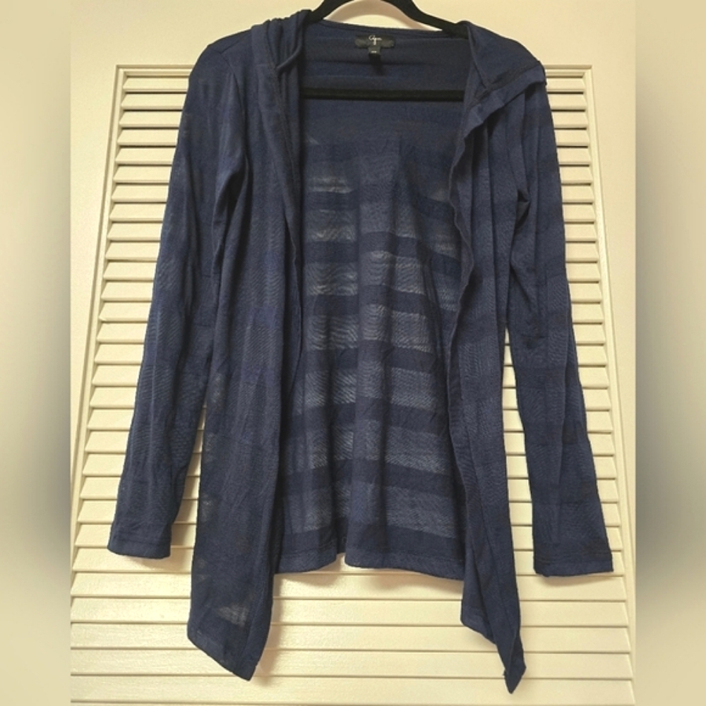 Aqua - Navy Blue Striped Lightweight Long-Sleev Open Cardigan Sweater With Hood